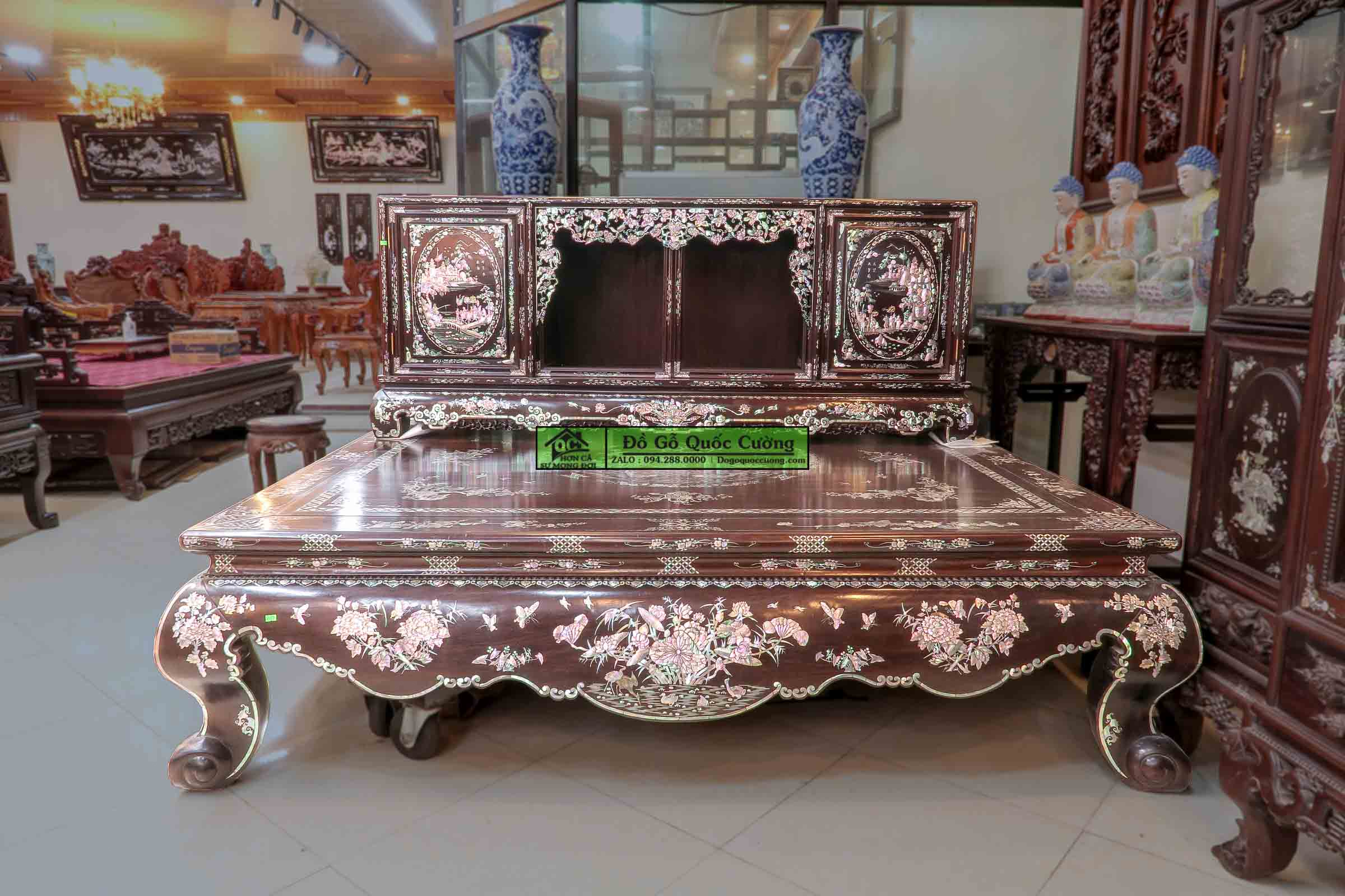 Sập gụ tủ chè gỗ gụ khảm liên chi - Bảo Áp Xuyên Liên - Hàng cao cấp đang được trưng bày tại Dogoquoccuong