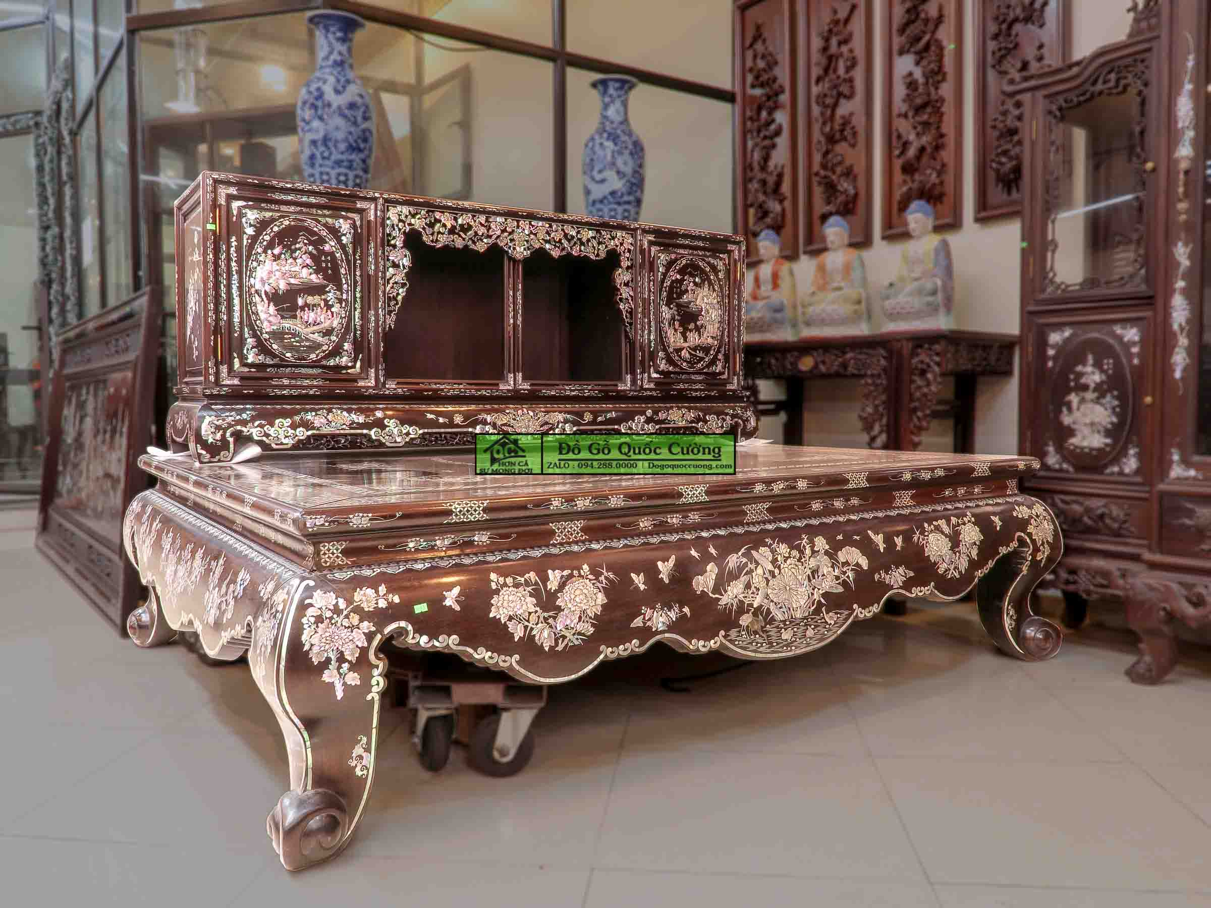 Sập gụ tủ chè gỗ gụ khảm liên chi - Bảo Áp Xuyên Liên - Hàng cao cấp đang được trưng bày tại Dogoquoccuong