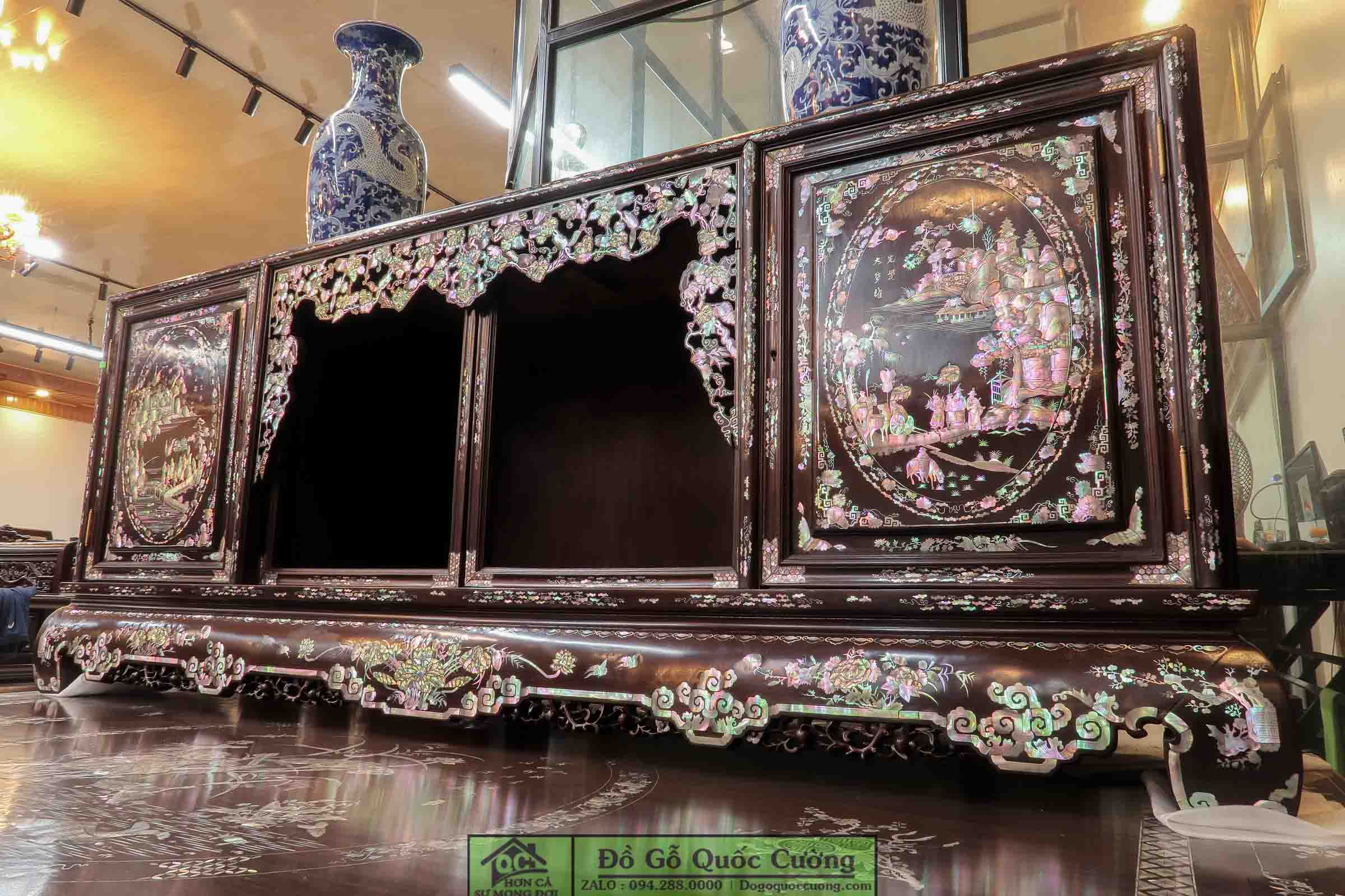 Sập gụ tủ chè gỗ gụ khảm liên chi - Bách Điểu Triều Phụng - Hàng cao cấp đang được trưng bày tại Dogoquoccuong